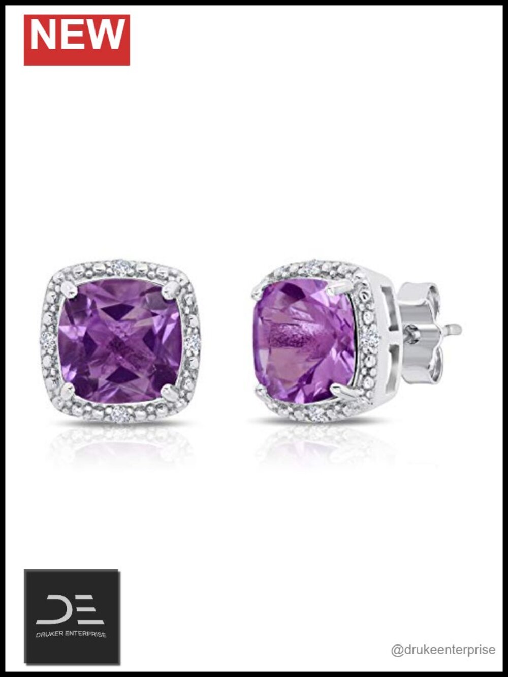 925 Sterling Silver Amethyst Diamond Accent Stud Earrings